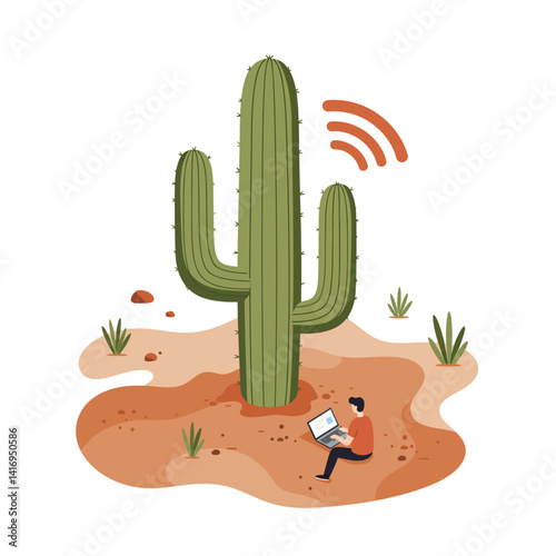 Man sitting on desert ground near large three-armed cactus using laptop with visible wifi signal icon above cactus in dry landscape