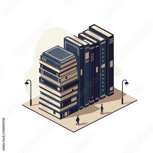 Isometric illustration of tall stacks of large books resembling buildings on a city block with two small human figures walking nearby under street lamps in muted tones