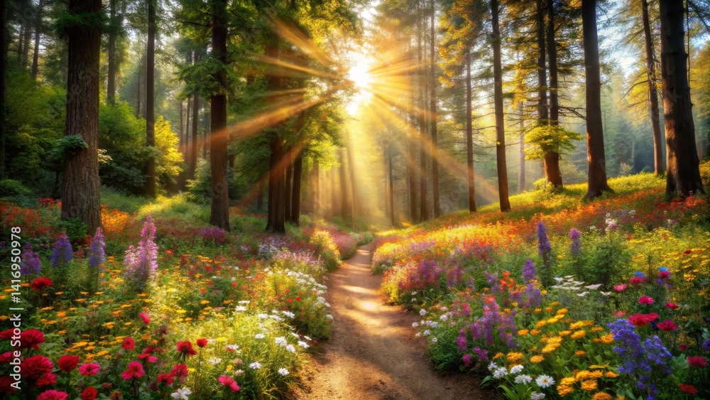 Obraz premium Sunlit Forest Path with Wildflowers