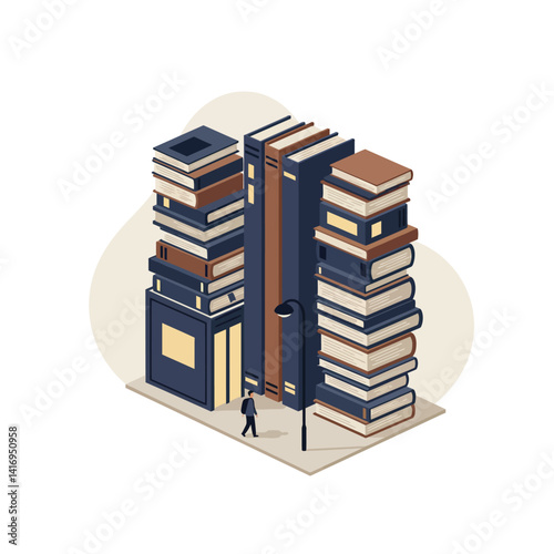 Isometric illustration of a small person walking near towering stacks of large books arranged like buildings on a simple urban block with a streetlight