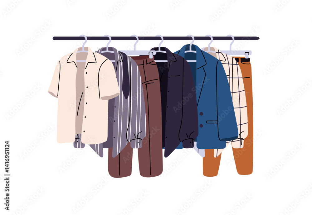 Male formal clothes for office are hanging on rail in wardrobe. Wearings, garments are on hanger rack in market, shop. Closet with jackets, coats, trousers. Flat isolated vector illustration on white