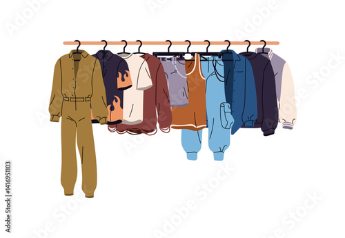 Clothes are on hanger rack. Male wearing, garments are hanging on rail in secondhand market. Jackets, pants, t shirts are in wardrobe, closet, fashion shop. Flat isolated vector illustration on white