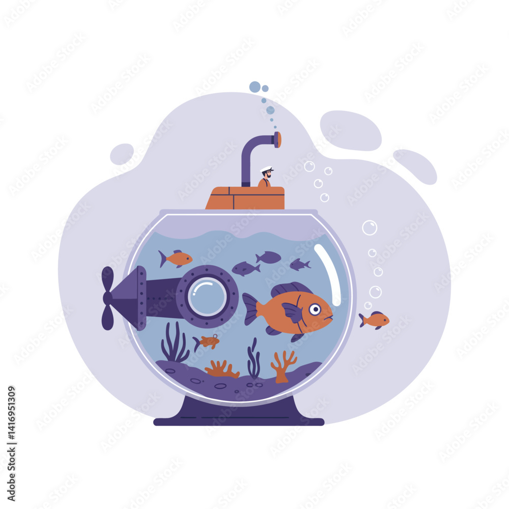 Obraz premium Submarine-shaped fishbowl filled with colorful small fish swimming among coral and bubbles in a whimsical underwater scene
