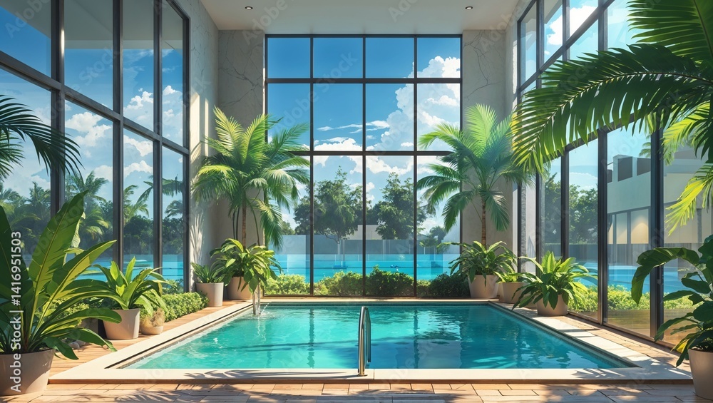 Fototapeta premium Indoor swimming pool with large windows and palm plants