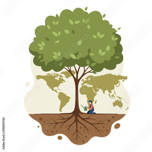 Large green tree with extensive roots and a person sitting beneath reading, illustrated with a world map backdrop symbolizing global nature connection and knowledge