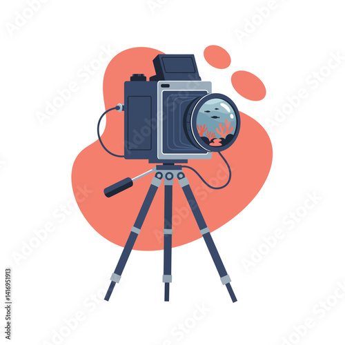 Professional vintage camera mounted on adjustable tripod with close-up lens focused on underwater scene featuring fish and coral, isolated on abstract orange background