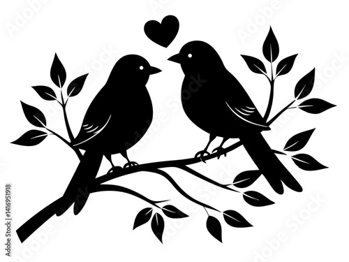 2 Birds on a Branch Silhouette Vector Design, Love Birds SVG