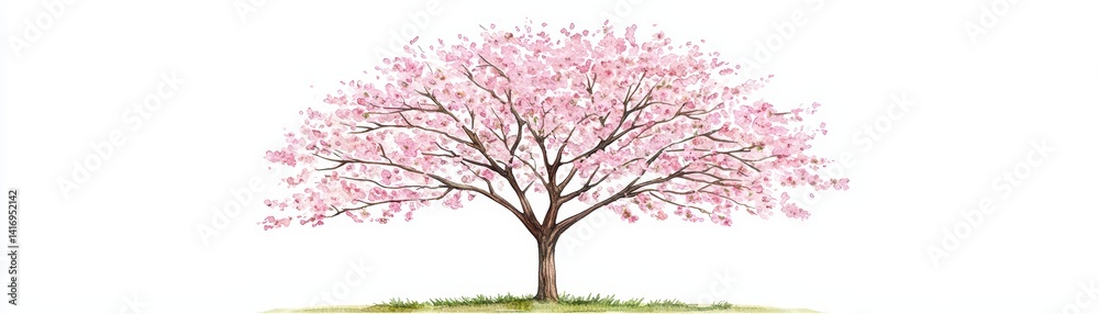 Vibrant pink flowering tree in a minimalistic white background