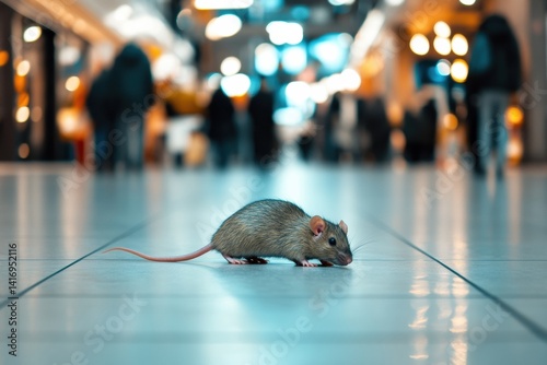 Urban rat in blurred city mall environment