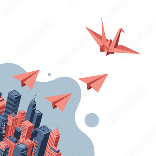 Origami paper cranes and airplanes flying above a stylized cityscape with skyscrapers in coral and blue tones, symbolizing creativity and urban innovation in a minimalist design