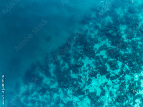 Obraz na płótnie Aerial view of a coral reef beneath turquoise waters, revealing abstract marine textures and vibrant underwater patterns off the coast of Thailand. w salonie