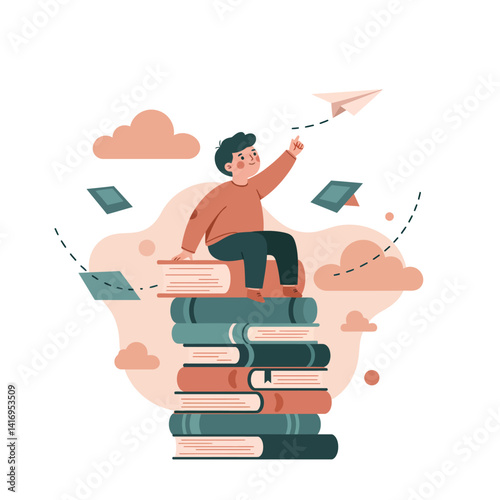 Young boy sitting on a tall stack of books launching a paper airplane surrounded by floating open books and soft clouds in a whimsical scene