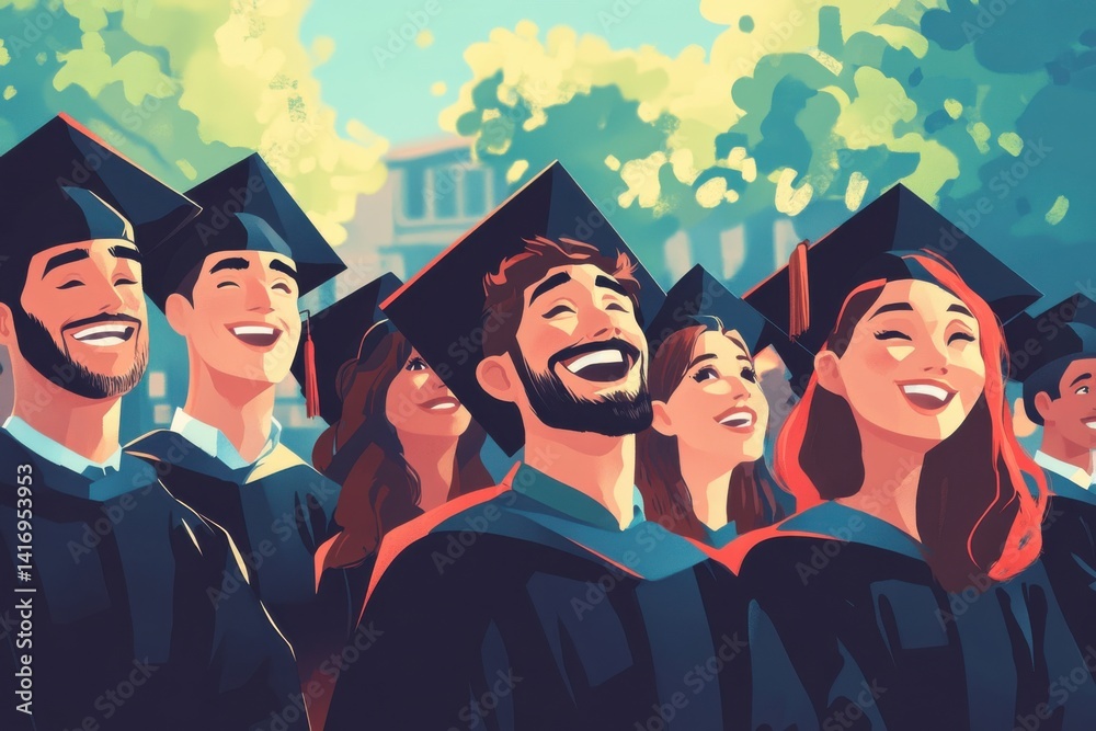 Obraz premium Graduates celebrate with joy during commencement ceremony on a sunny day in a university campus
