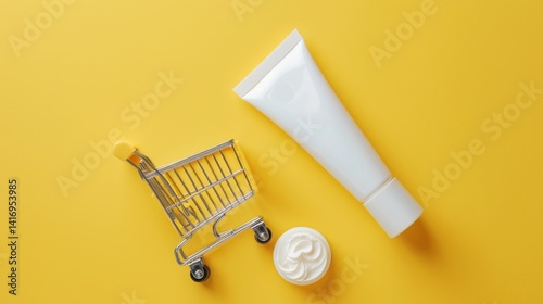 Online beauty store concept, shopping trolley and beauty product on yellow background