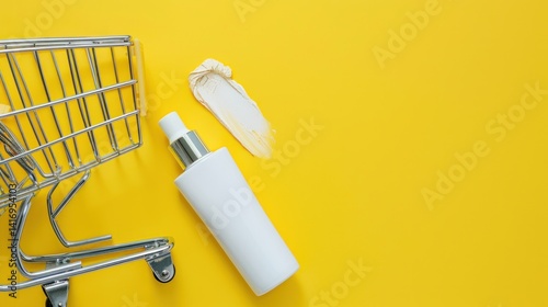 Cosmetic product and shopping cart on a yellow background for online promotion