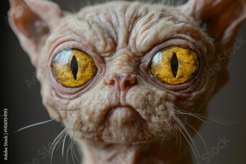 Close-up of a hairless cat with intense yellow eyes