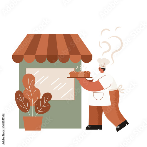 Chef carrying freshly baked bread from bakery with striped awning and potted plant outside in warm earthy colors