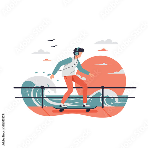 Young man wearing headphones skateboarding along seaside railing during sunset with ocean waves and birds flying in the sky
