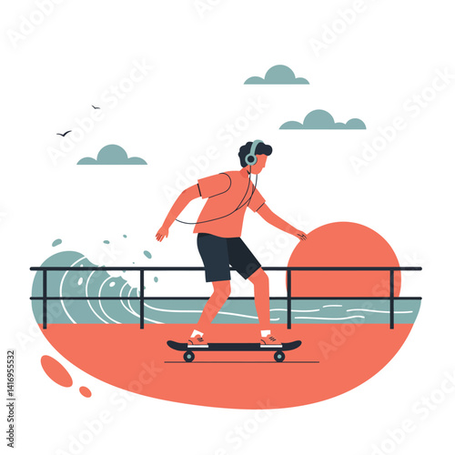 Young man wearing headphones skateboarding along ocean promenade at sunset with waves and birds in background