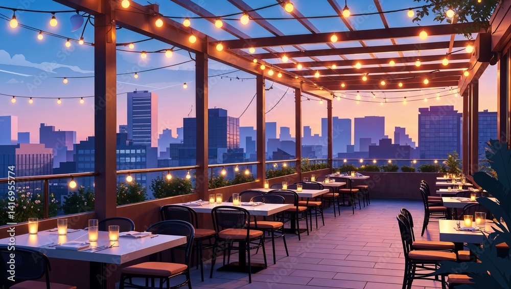 Fototapeta premium Open air rooftop restaurant under string lights