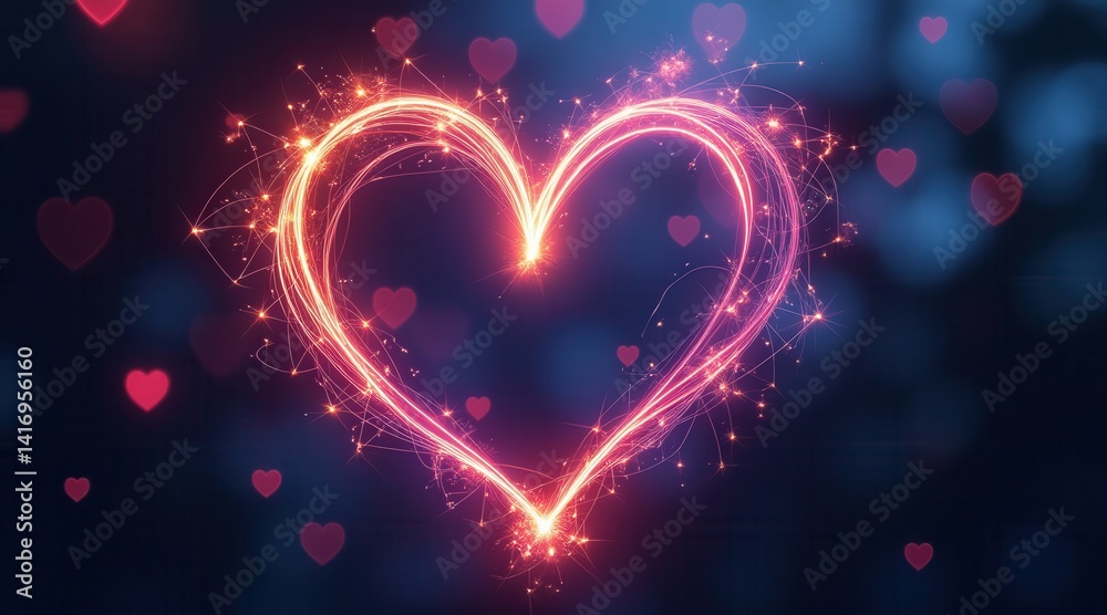 A glowing heart shape made of light surrounded by smaller hearts, creating a romantic and enchanting atmosphere. A glowing heart shape made of light surrounded by smaller hearts, creating a romantic and enchanting atmosphere.