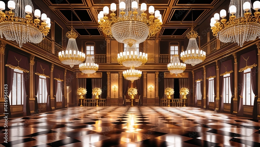 Obraz premium Palatial ballroom with chandeliers and golden decorations for a New Years party
