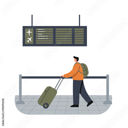 Young male traveler walking through airport terminal with rolling suitcase and backpack under flight information display board