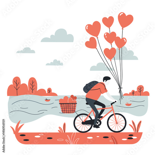 Man riding bicycle with heart-shaped balloons and basket in flat romantic outdoor scene vector illustration