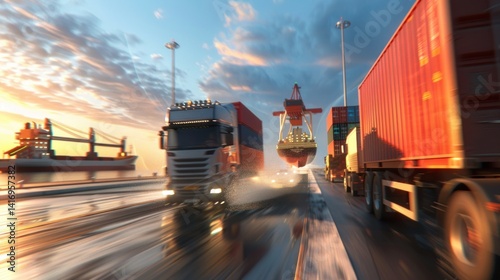 Seamless Global Trade and Logistics Operations with Container Trucks and Cargo Ships