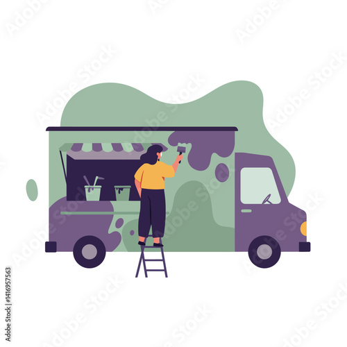 Woman painting food truck with green and purple colors in flat design style vector illustration