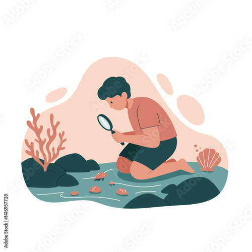 Young boy examining sea creatures with magnifying glass in nature setting flat minimal vector illustration