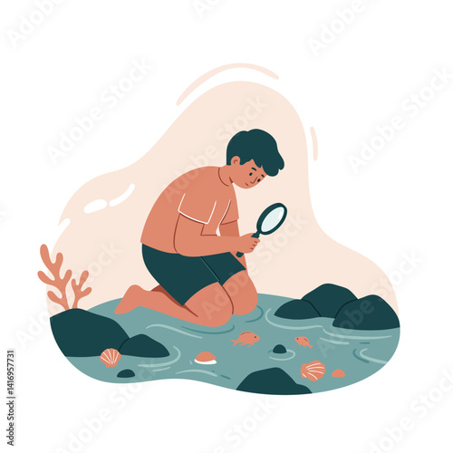 Curious young boy examining underwater sea life with magnifying glass in flat colorful vector art illustration