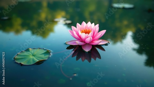 Intricate water lily pattern across a calm lake's surface , lake, image, pattern