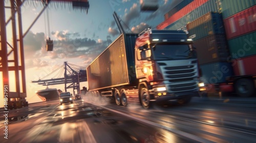 Dynamic Delivery: Commercial Truck Transporting Goods at Industrial Port
