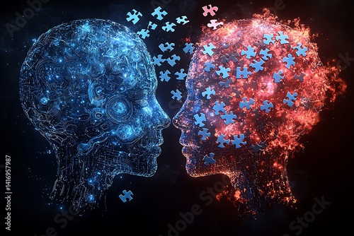 Two abstract faces, intertwined by fragmented puzzle pieces, represent the merging of different minds.