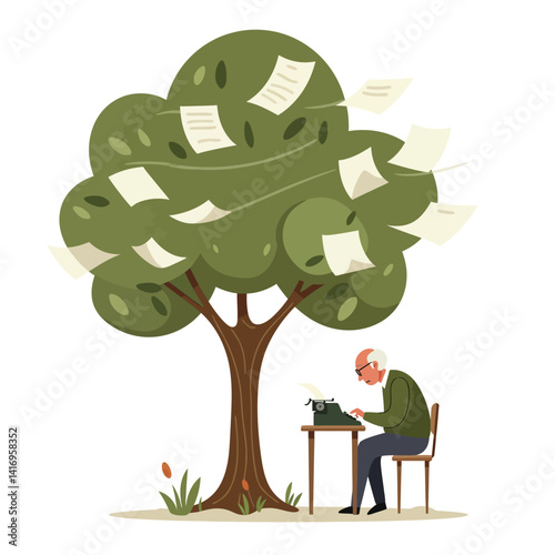 Elderly man typing on vintage typewriter under leafy green tree with flying papers in minimal flat design vector illustration
