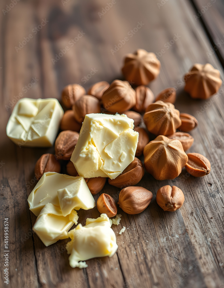 Rich, creamy shea butter and fresh nuts arranged beautifully on a rustic wooden table, detailed closeup, origami. with white shades Rich, creamy shea butter and fresh nuts arranged beautifully on a rustic wooden table, detailed closeup, origami. with white shades