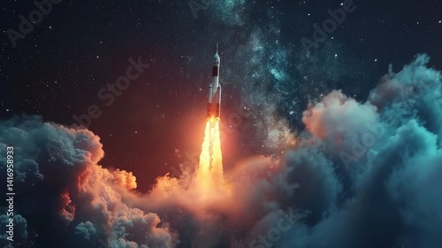 Spectacular rocket launch amidst celestial clouds and starry expanse
