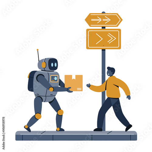 Robot delivering package to man on sidewalk near directional signs in flat modern style vector illustration