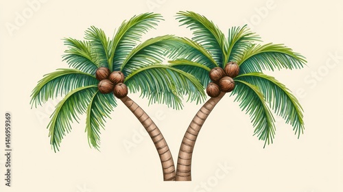 Tropical palm trees with green leaves and brown coconuts