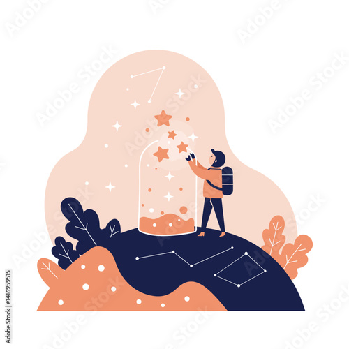 Young explorer reaching for glowing stars under constellation sky in minimal flat design vector illustration