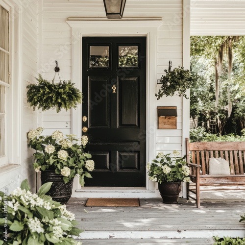 Elegant entryway with dark door, planters, porch, and wooden bench under a well-lit area
