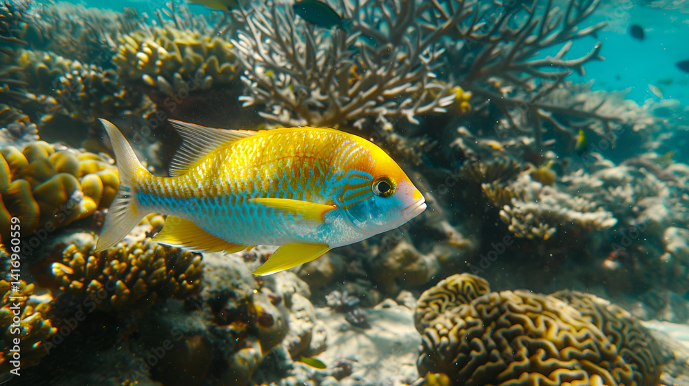 Obraz premium A vibrant fish swimming near coral reefs in clear blue waters of the ocean environment underwater