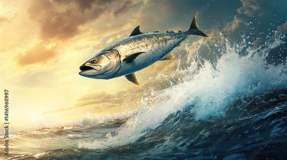 Obraz premium Majestic fish leap, ocean splash against sky, vibrant hues in aquatic art
