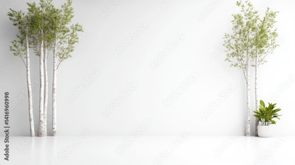 Obraz premium Minimalist interior design with birch trees and plants. Empty white room, modern aesthetic, serene and peaceful