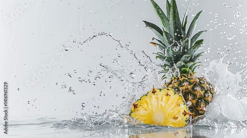 Exotic splash: Pineapple delight in crystal clear water bursts captured