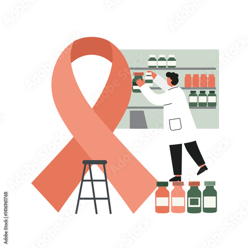 Male pharmacist in white coat organizing medication bottles near large red awareness ribbon flat minimal vector illustration