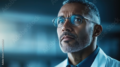 Professional male scientist analyzing data in a modern laboratory during evening hours