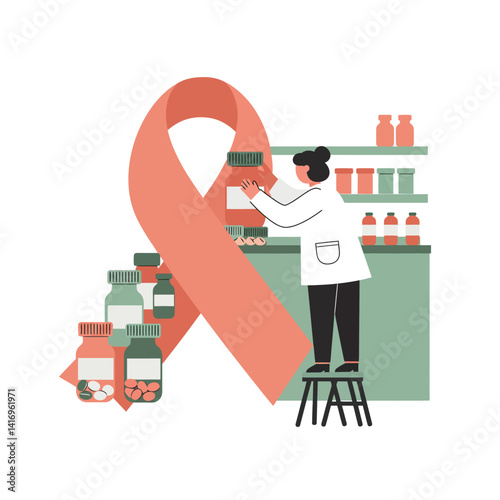 Female pharmacist organizing medicine bottles near large awareness ribbon in minimal flat design vector illustration