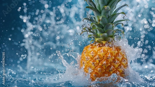 Exotic splash: a vibrant pineapple in a refreshing water cascade scene